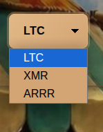 Cryptocurrency selector showing available payment currencies